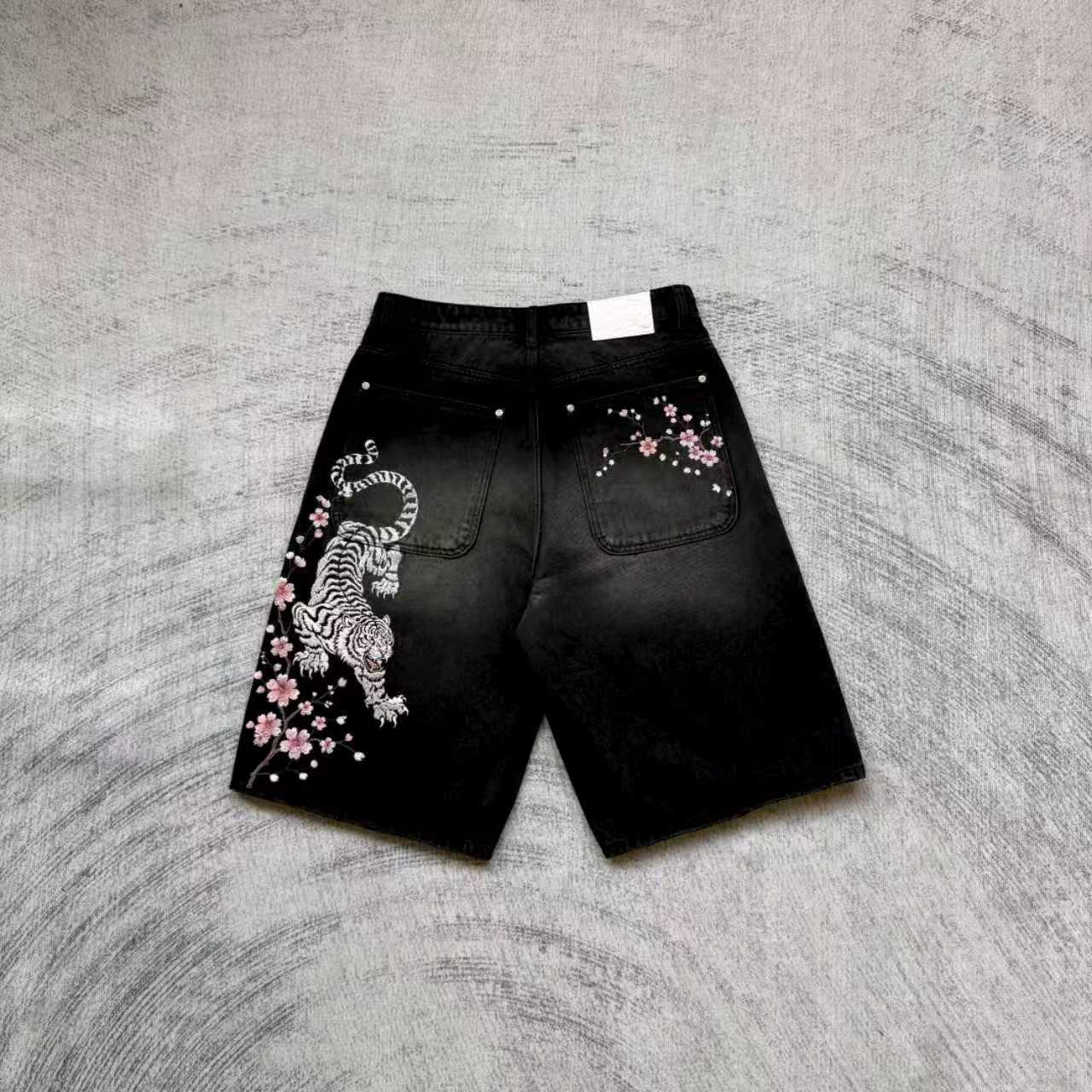 Tiger & Blossom Embroidered Denim Shorts