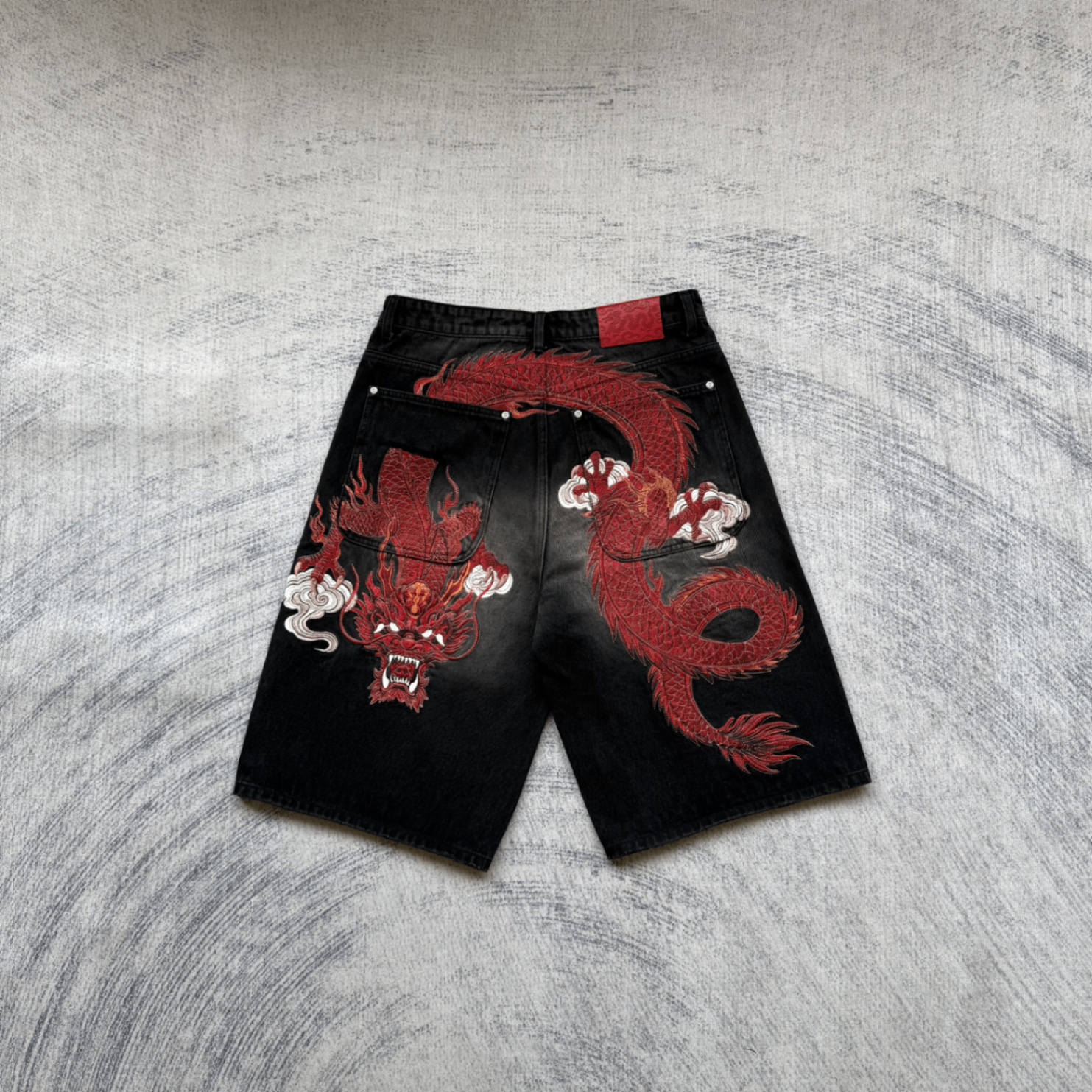 Red Dragon Embroidered Denim Shorts